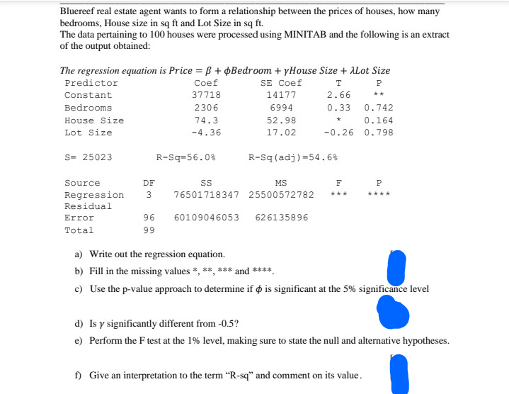 Bluereef real estate agent wants to form a relationship between the prices of houses, how many
bedrooms, House size in sq ft and Lot Size in sq ft.
The data pertaining to 100 houses were processed using MINITAB and the following is an extract
of the output obtained:
The regression equation is Price = B + ¢Bedroom + yHouse Size + ALot Size
Predictor
Coef
SE Coef
T
P
Constant
37718
14177
2.66
**
Bedrooms
2306
6994
0.33
0.742
House Size
74.3
52.98
0.164
Lot Size
-4.36
17.02
-0.26 0.798
S= 25023
R-Sq=56.0%
R-Sq (adj) =54.6%
Source
DF
MS
F
P
Regression
Residual
3
76501718347 25500572782
***
****
Error
96
60109046053
626135896
Total
99
a) Write out the regression equation.
b) Fill in the missing values *, **, *** and ****
c) Use the p-value approach to determine if ø is significant at the 5% significance level
d) Is y significantly different from -0.5?
e) Perform the F test at the 1% level, making sure to state the null and alternative hypotheses.
f) Give an interpretation to the term "R-sq" and comment on its value.
