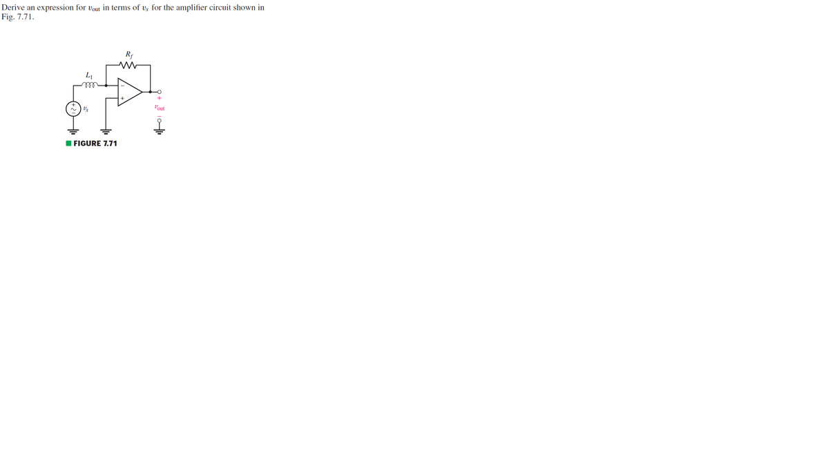 Derive an expression for vout in terms of us for the amplifier circuit shown in
Fig. 7.71.
Rf
L₁
m
#
Vs
FIGURE 7.71
9 +
Vout