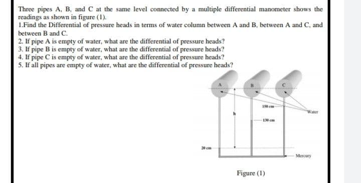 Three pipes A, B, and C at the same level connected by a multiple differential manometer shows the
readings as shown in figure (1).
1.Find the Differential of pressure heads in terms of water column between A and B, between A and C, and
between B and C.
2. If pipe A is empty of water, what are the differential of pressure heads?
3. If pipe B is empty of water, what are the differential of pressure heads?
4. If pipe C is empty of water, what are the differential of pressure heads?
5. If all pipes are empty of water, what are the differential of pressure heads?
150 cm
Water
130 cm
20 cm
Mercury
Figure (1)
