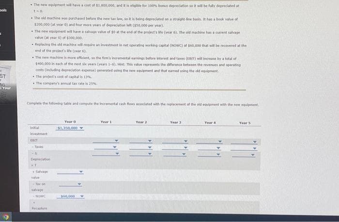 mols
S
▪
it
ST
ENO
Your
The new equipment will have a cost of $1,800,000, and it is eligible for 100% bonus depreciation so it will be fully depreciated at
1-0.
The old machine was purchased before the new tax law, so it is being depreciated on a straight-line basis. It has a book value of
$200,000 (at year 0) and four more years of depreciation left ($50,000 per year).
The new equipment will have a salvage value of 50 at the end of the project's life (year 6). The old machine has a current salvage
value (at year 0) of $300,000.
Replacing the old machine will require an investment in net operating working capital (NOWC) of $60,000 that will be recovered at the
and of the project's life (year 6).
The new machine is more efficient, so the firm's incremental earnings before interest and taxes (EBIT) will increase by a total of
$400,000 in each of the next six years (years 1-6). Hint: This value represents the difference between the revenues and operating
costs (including depreciation expense) generated using the new equipment and that earned using the old equipment.
The project's cost of capital is 13%.
The company's annual tax rate is 25%
Complete the following table and compute the incremental cash flows associated with the replacement of the old equipment with the new equipment.
Initial
lovestment
EBIT
Taxes
A
Depreciation
+Salvage
value
tax on
salvage
-NOWC
Recapture
Year O
-$1,350,000
$50,000
Year 1
=
Year 2
Year 3
Year 4
Year 5