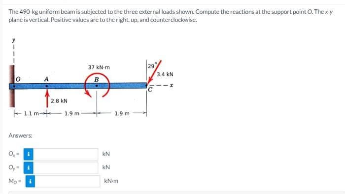 The 490-kg uniform beam is subjected to the three external loads shown. Compute the reactions at the support point O. The x-y
plane is vertical. Positive values are to the right, up, and counterclockwise.
29
3.4 kN
37 kN-m
C
2.8 kN
- 1.1 m-
1.9 m
1.9 m
Answers:
kN
Oy-
kN
Mo
kN-m
