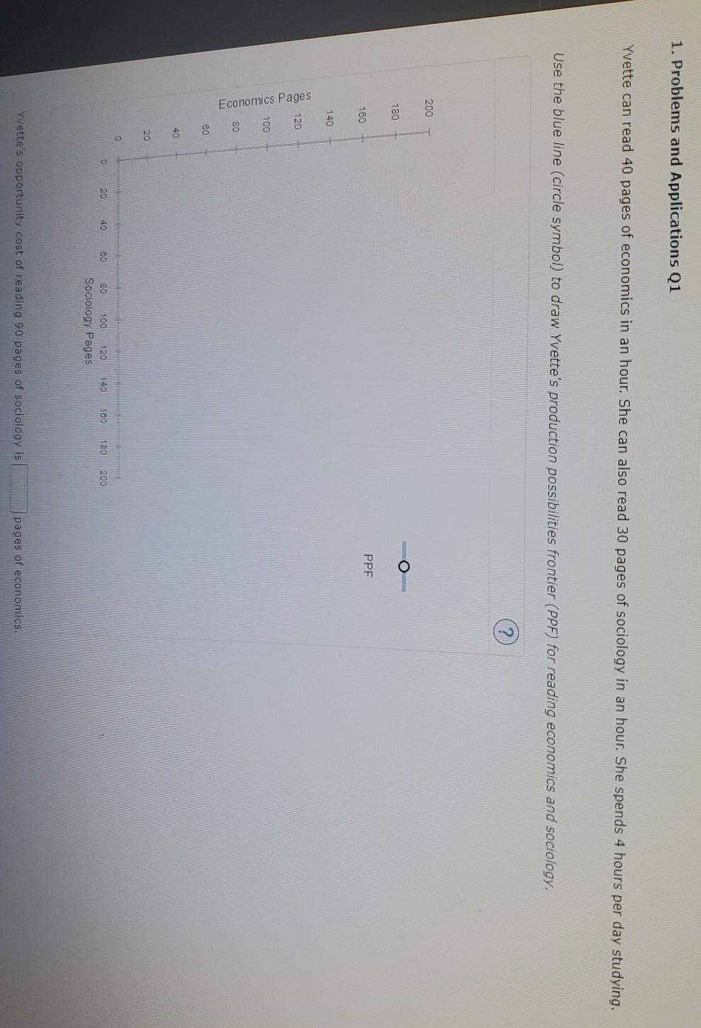 1. Problems and Applications Q1
Yvette can read 40 pages of economics in an hour. She can also read 30 pages of sociology in an hour. She spends 4 hours per day studying.
Use the blue line (circle symbol) to draw Yvette's production possibilities frontier (PPF) for reading economics and sociology.
(?)
200
180
160
140
Economics Pages
F
120
100
80
80
40
20
0
0
20
40
60
80
100 120
Sociology Pages
140 180 180 200
Yvette's opportunity cost of reading 90 pages of sociology is
PPF
pages of economics.