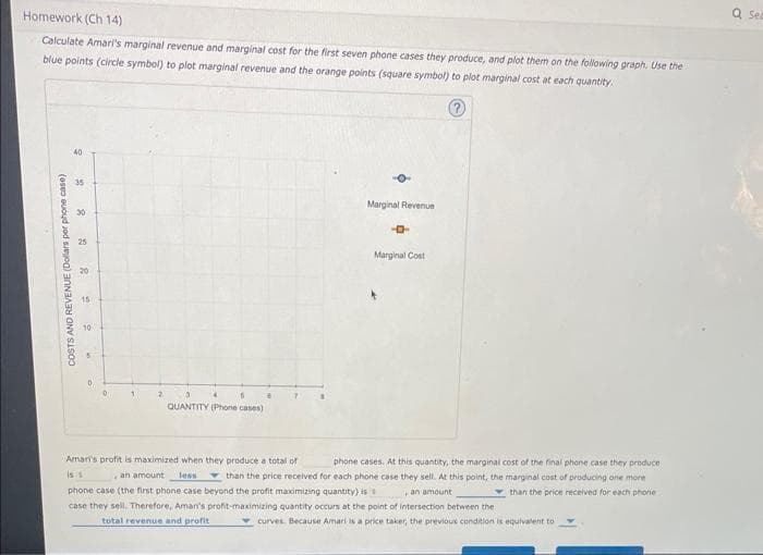 Homework (Ch 14)
Calculate Amari's marginal revenue and marginal cost for the first seven phone cases they produce, and plot them on the following graph. Use the
blue points (circle symbol) to plot marginal revenue and the orange points (square symbol) to plot marginal cost at each quantity.
Ⓡ
COSTS AND REVENUE (Dollars per phone case)
40
35
30
25
20
15
10
0
QUANTITY (Phone cases)
Marginal Revenue
-0-
Marginal Cost
W an amount
Aman's profit is maximized when they produce a total of
phone cases. At this quantity, the marginal cost of the final phone case they produce.
in the price received for each phone case they sell. At this point, the marginal cost of producing one more
phone case (the first phone case beyond the profit maximizing quantity) is
an amount
than the price received for each phone
case they sell. Therefore, Aman's profit-maximizing quantity occurs at the point of intersection between the
total revenue and profit
curves. Because Amari is a price taker, the previous condition is equivalent to
Q Sea