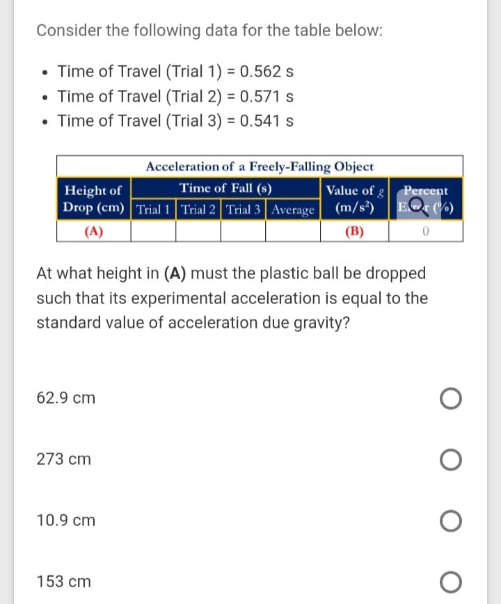 Consider the following data for the table below:
• Time of Travel (Trial 1) = 0.562 s
• Time of Travel (Trial 2) = 0.571 s
• Time of Travel (Trial 3) = 0.541 s
Acceleration of a Freely-Falling Object
Time of Fall (s)
Value of g Percent
EOr (%)
Height of
Drop (cm) | Trial 1 Trial 2 Trial 3 Average (m/s²)
(A)
(B)
At what height in (A) must the plastic ball be dropped
such that its experimental acceleration is equal to the
standard value of acceleration due gravity?
62.9 cm
273 cm
10.9 cm
153 cm
