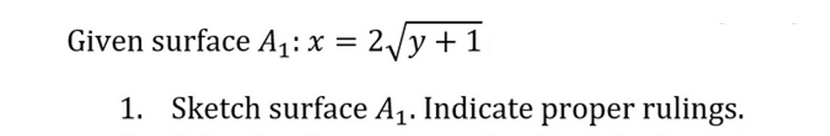 Given surface A₁: x = 2√y + 1
1. Sketch surface A₁. Indicate proper rulings.