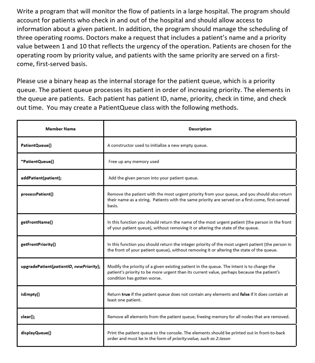 Write a program that will monitor the flow of patients in a large hospital. The program should
account for patients who check in and out of the hospital and should allow access to
information about a given patient. In addition, the program should manage the scheduling of
three operating rooms. Doctors make a request that includes a patient's name and a priority
value between 1 and 10 that reflects the urgency of the operation. Patients are chosen for the
operating room by priority value, and patients with the same priority are served on a first-
come, first-served basis.
Please use a binary heap as the internal storage for the patient queue, which is a priority
queue. The patient queue processes its patient in order of increasing priority. The elements in
the queue are patients. Each patient has patient ID, name, priority, check in time, and check
out time. You may create a PatientQueue class with the following methods.
Member Name
Description
PatientQueue()
A constructor used to initialize a new empty queue.
"PatientQueue()
Free up any memory used
addPatient(patient);
Add the given person into your patient queue.
Remove the patient with the most urgent priority from your queue, and you should also return
their name as a string. Patients with the same priority are served on a first-come, first-served
processPatient()
basis.
In this function you should return the name of the most urgent patient (the person in the front
of your patient queue), without removing it or altering the state of the queue.
getFrontName()
getFrontPriority()
In this function you should return the integer priority of the most urgent patient (the person in
the front of your patient queue), without removing it or altering the state of the queue.
upgradePatient(patientID, newPriority);
Modify the priority of a given existing patient in the queue. The intent is to change the
patient's priority to be more urgent than its current value, perhaps because the patient's
condition has gotten worse.
isEmpty()
Return true if the patient queue does not contain any elements and false if it does contain at
least one patient.
clear();
Remove all elements from the patient queue, freeing memory for all nodes that are removed.
displayQueue()
Print the patient queue to the console. The elements should be printed out in front-to-back
order and must be in the form of priority:value, such as 2:Jason
