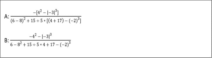 -[4²-1-31³]
A:
(6-8)2 +15+5+ [(4 +17) - (-2)³]
B:
-4²-1-31³
6-82+15+5+4 +17-(-2)³