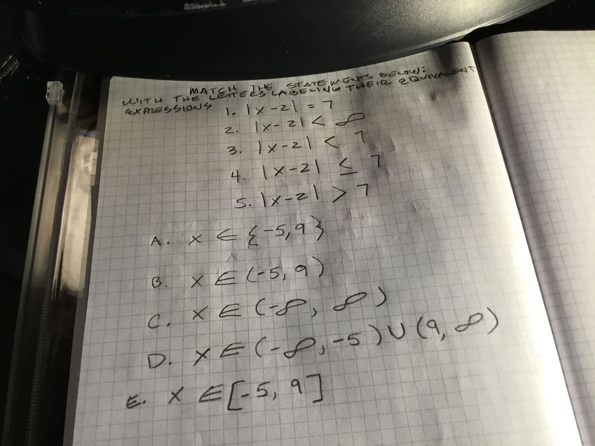 WITH THE LETTE
aXPRESSIONS
STATE w onrs B ELOW
CABELINO THEIR ¢QUIALENT
1 1x-21 = 7
2.
>12-X)
3. Ix-21 <
4. 1x-21 <
s. Ix-zl > 7
x E{-5,9}
A. x €{5,93
B.
X El-5, 9)
c. XE (P, e)
D. XE (-p, 9, d)
E. X Ef5, 9]
-5)U(
