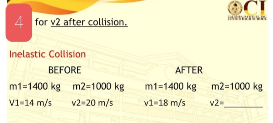 4 for v2 after collision.
Inelastic Collision
BEFORE
AFTER
m1=1400 kg m2=1000 kg
m1=1400 kg
m2=1000 kg
V1=14 m/s
v2=20 m/s
v1=18 m/s
v2=
