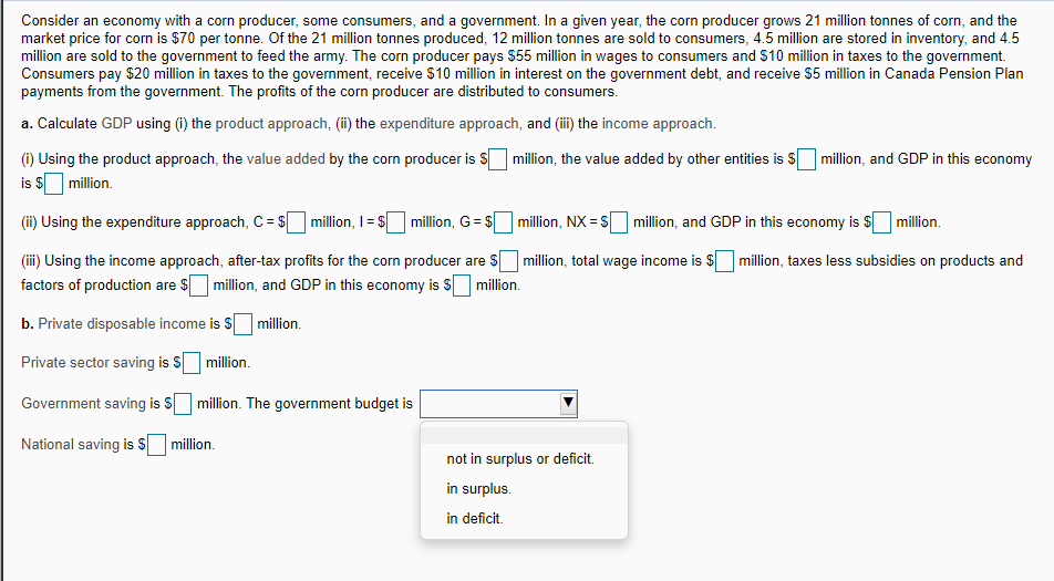 Consider an economy with a corn producer, some consumers, and a government. In a given year, the corn producer grows 21 million tonnes of corn, and the
market price for corn is $70 per tonne. Of the 21 million tonnes produced, 12 million tonnes are sold to consumers, 4.5 million are stored in inventory, and 4.5
million are sold to the government to feed the army. The corn producer pays $55 million in wages to consumers and $10 million in taxes to the government.
Consumers pay $20 million in taxes to the government, receive $10 million in interest on the government debt, and receive $5 million in Canada Pension Plan
payments from the government. The profits of the corn producer are distributed to consumers.
a. Calculate GDP using (i) the product approach, (ii) the expenditure approach, and (ii) the income approach.
(i) Using the product approach, the value added by the corn producer is S million, the value added by other entities is S
is s million.
million, and GDP in this economy
(i) Using the expenditure approach, C = $|
|million, I= $
million, G = $
million, NX = 5
million, and GDP in this economy is $
million.
(iii) Using the income approach, after-tax profits for the corn producer are S million, total wage income is S
factors of production are S million, and GDP in this economy is S million.
million, taxes less subsidies on products and
b. Private disposable income is $
million.
Private sector saving is S million.
Government saving is S million. The government budget is
National saving is Ss
million.
not in surplus or deficit.
in surplus.
in deficit.
