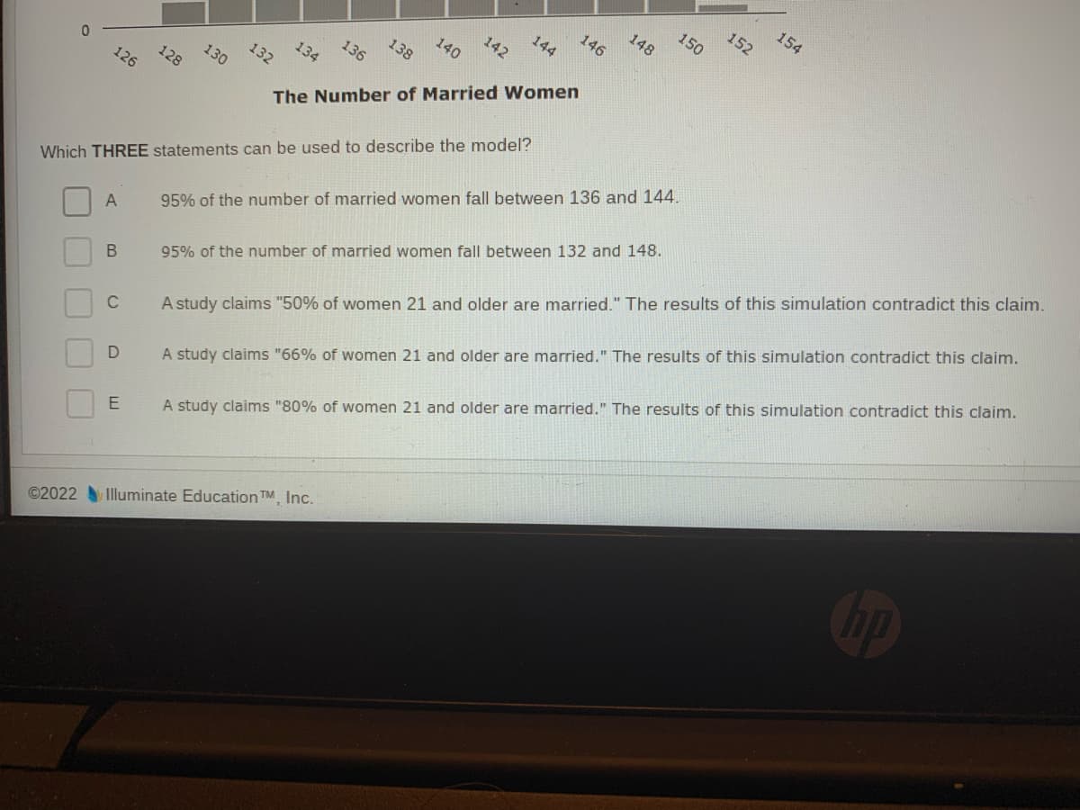 0
|
©2022
A
126
B
C
D
128
E
130
132
Which THREE statements can be used to describe the model?
134
136
138
140
142
The Number of Married Women
144
Illuminate Education TM, Inc.
146
148
95% of the number of married women fall between 136 and 144.
95% of the number of married women fall between 132 and 148.
150
152
154
A study claims "50% of women 21 and older are married." The results of this simulation contradict this claim.
A study claims "66% of women 21 and older are married." The results of this simulation contradict this claim.
A study claims "80% of women 21 and older are married." The results of this simulation contradict this claim.
NO