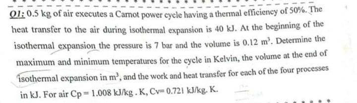 01: 0.5 kg of air executes a Carnot power cycle having a thermal efficiency of 50%. The
heat transfer to the air during isothermal expansion is 40 kJ. At the beginning of the
isothermal expansion the pressure is 7 bar and the volume is 0.12 m³. Determine the
maximum and minimum temperatures for the cycle in Kelvin, the volume at the end of
isothermal expansion in m³, and the work and heat transfer for each of the four processes
in kJ. For air Cp 1.008 kJ/kg. K, Cv=0.721 kJ/kg. K.