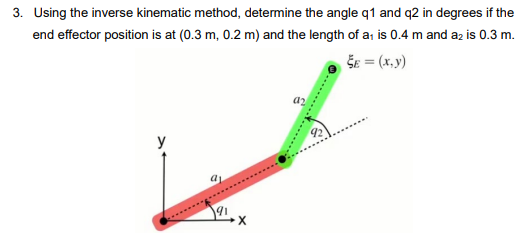 3. Using the inverse kinematic method, determine the angle q1 and q2 in degrees if the
end effector position is at (0.3 m, 0.2 m) and the length of a₁ is 0.4 m and a2 is 0.3 m.
ŠE = (x,y)
a
191
92
