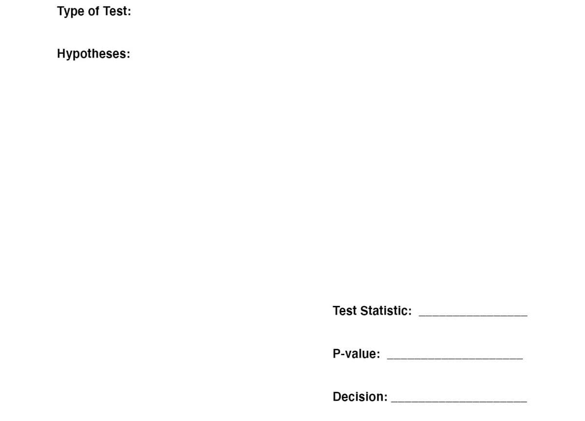 Type of Test:
Hypotheses:
Test Statistic:
P-value:
Decision:
