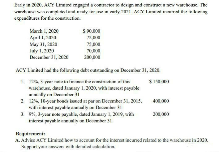 Early in 2020, ACY Limited engaged a contractor to design and construct a new warehouse. The
warehouse was completed and ready for use in early 2021. ACY Limited incurred the following
expenditures for the construction.
March 1, 2020
$ 90,000
April 1, 2020
May 31, 2020
July 1, 2020
December 31, 2020
72,000
75,000
70,000
200,000
ACY Limited had the following debt outstanding on December 31, 2020.
1. 12%, 3-year note to finance the construction of this
warehouse, dated January 1, 2020, with interest payable
annually on December 31
2. 12%, 10-year bonds issued at par on December 31, 2015,
with interest payable annually on December 31
3. 9%, 3-year note payable, dated January 1, 2019, with
interest payable annually on December 31
S 150,000
400,000
200,000
Requirement:
A. Advise ACY Limited how to account for the interest incurred related to the warehouse in 2020.
Support your answers with detailed calculation.
