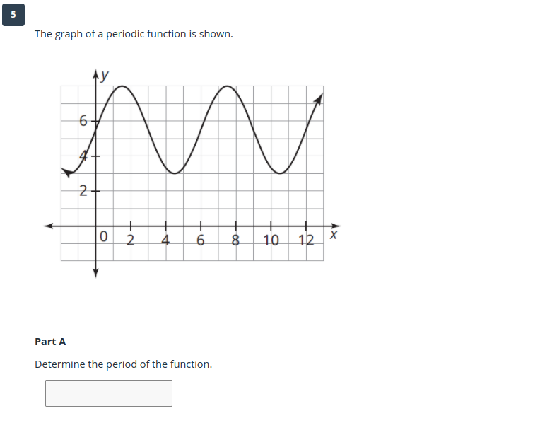 5
The graph of a periodic function is shown.
6
2+
4
10 12 X
Part A
Determine the period of the function.
6.
