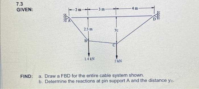 7.3
GIVEN:
FIND:
-2m+
-2 m-
2.5 m
BY
1.4 KN
-3 m-
Ус
2 kN
-4 m-
a. Draw a FBD for the entire cable system shown.
b. Determine the reactions at pin support A and the distance yc.