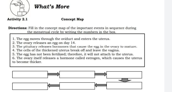 What's More
Activity 2.1
Concept Map
Directions: Fill in the concept map of the important events in sequence during
the menstrual cycle by writing the numbers in the box.
1. The egg moves through the oviduct and enters the uterus.
2. The ovary releases an egg on day 14.
3. The pituitary releases hormones that cause the egg in the ovay to mature.
4. The cells of the thickened uterus break off and leave the vagina.
5. The egg has not been fertilized; therefore, it will not attach to the uterus.
6. The ovary itself releases a hormone called estrogen, which causes the uterus
to become thicker.
