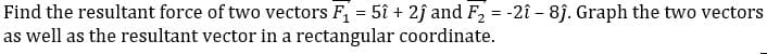 Find the resultant force of two vectors F = 5î + 2j and F = -2î - 8j. Graph the two vectors
as well as the resultant vector in a rectangular coordinate.
