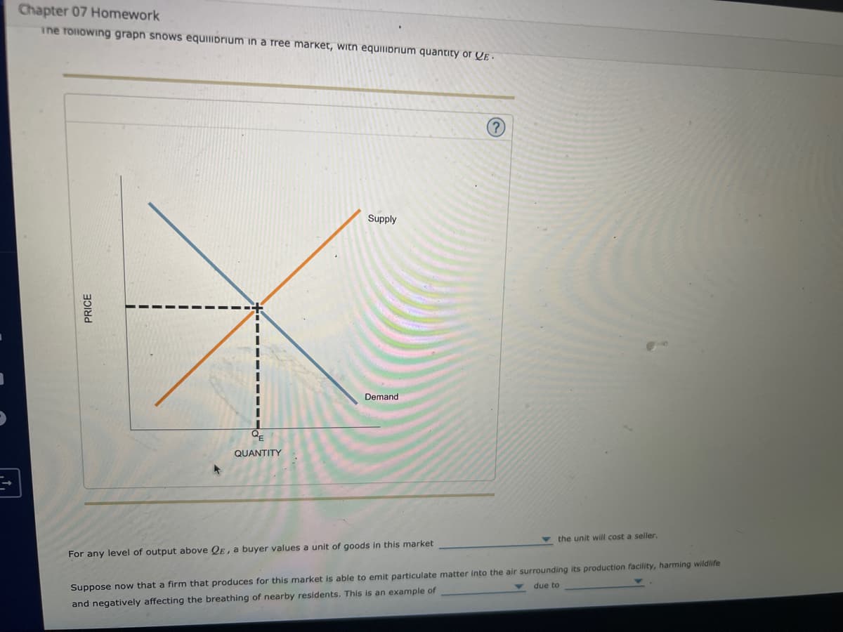 Chapter 07 Homework
ine following grapn snows equilibrium in a free market, with equilibrium quantity or E.
PRICE
Q₂
E
QUANTITY
Supply
Demand
For any level of output above QE, a buyer values a unit of goods in this market
(?)
the unit will cost a seller.
Suppose now that a firm that produces for this market is able to emit particulate matter into the air surrounding its production facility, harming wildlife
and negatively affecting the breathing of nearby residents. This is an example of
due to