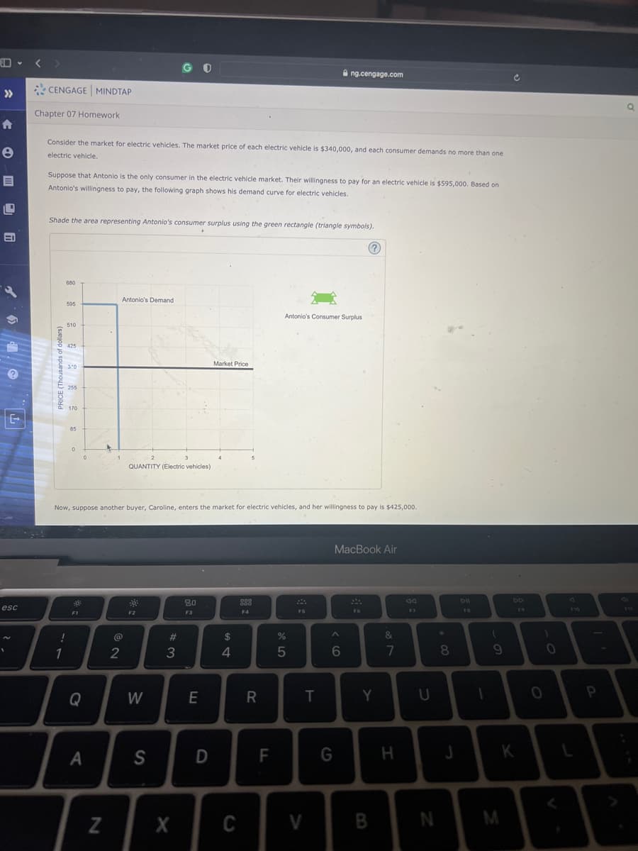 e
E
L
E
11-
esc
CENGAGE MINDTAP
Chapter 07 Homework
Consider the market for electric vehicles. The market price of each electric vehicle is $340,000, and each consumer demands no more than one
electric vehicle.
Suppose that Antonio is the only consumer in the electric vehicle market. Their willingness to pay for an electric vehicle is $595,000. Based on
Antonio's willingness to pay, the following graph shows his demand curve for electric vehicles.
PRICE (Thousands of dollars)
Shade the area representing Antonio's consumer surplus using the green rectangle (triangle symbols).
680
595
1
!
510
425
3:0
255
170
85
0
:0²
FI
Q
A
N
Antonio's Demand
Now, suppose another buyer, Caroline, enters the market for electric vehicles, and her willingness to pay is $425,000.
@
2
GO
2
QUANTITY (Electric vehicles)
F2
W
S
3
#3
80
F3
E
Market Price
D
$
4
X C
888
F4
R
F
Antonio's Consumer Surplus
%
5
ng.cengage.com
FS
T
V
6
MacBook Air
G
(?)
F6
Y
B
&
7
H
F7
U
N
*
8
J
DII
1
(
9
M
K
)
0
0
F10
L
P
Q
90
AB