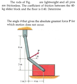 The rods of Fig.
are frictionless. The coefficient of friction between the 40-
kg slider block and the floor is 0.40. Determine
are lightweight and all pins
The angle 0 that gives the absolute greatest force P for
which motion does not occur.
6 m
3 m
Im
4 m
