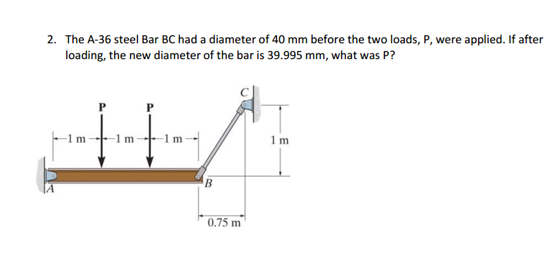 2. The A-36 steel Bar BC had a diameter of 40 mm before the two loads, P, were applied. If after
loading, the new diameter of the bar is 39.995 mm, what was P?
P
-1 m
B
0.75 m
1 m