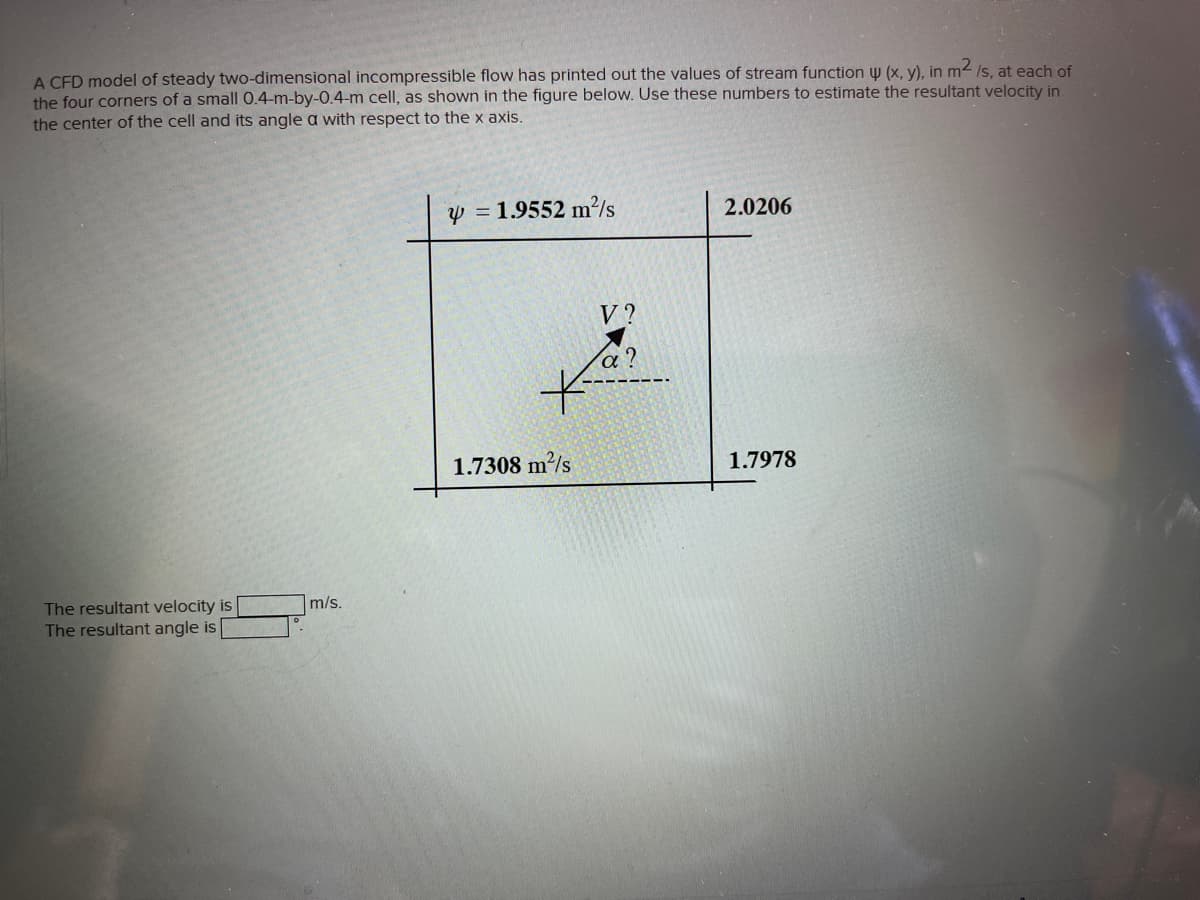 A CFD model of steady two-dimensional incompressible flow has printed out the values of stream function w (x, y), in m2 /s, at each of
the four corners of a small 0.4-m-by-0.4-m cell, as shown in the figure below. Use these numbers to estimate the resultant velocity in
the center of the cell and its angle a with respect to the x axis.
y = 1.9552 m²/s
2.0206
V?
a ?
1.7308 m2/s
1.7978
The resultant velocity is
The resultant angle is
m/s.
