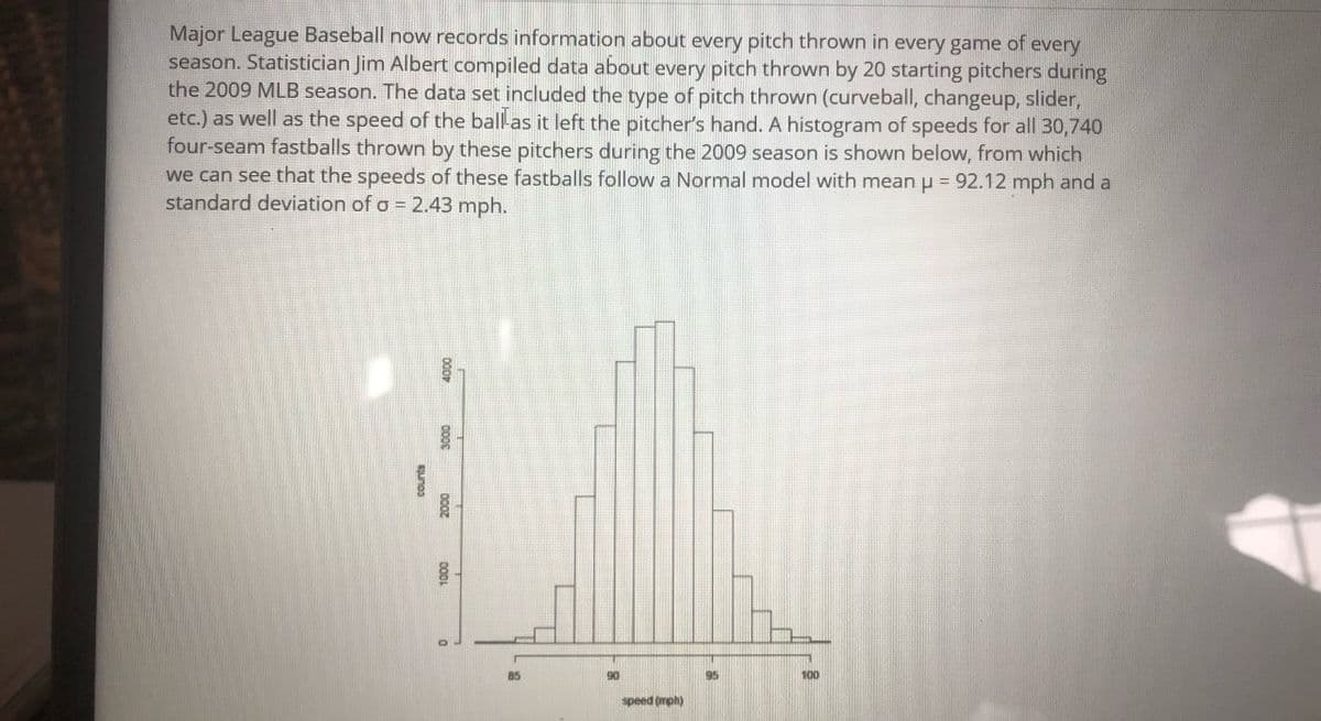 Major League Baseball now records information about every pitch thrown in every game of
season. Statistician Jim Albert compiled data about every pitch thrown by 20 starting pitchers during
the 2009 MLB season. The data set included the type of pitch thrown (curveball, changeup, slider,
etc.) as well as the speed of the ball-as it left the pitcher's hand. A histogram of speeds for all 30,740
four-seam fastballs thrown by these pitchers during the 2009 season is shown below, from which
we can see that the speeds of these fastballs follow a Normal model with mean u = 92.12 mph and a
standard deviation of o = 2.43 mph.
every
85
90
95
100
speed (mph)
counts
