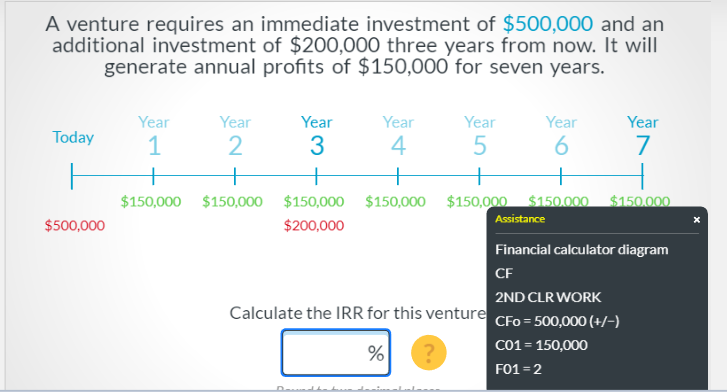 A venture requires an immediate investment of $500,000 and an
additional investment of $200,000 three years from now. It will
generate annual profits of $150,000 for seven years.
Year
Year
Year
Year
Year
Year
Year
Today
1
2
3
4
5
7
+
+
$150,000 $150,000 $150,000 $150,000 $150,000 $150.00O
+
+
+
$150.000
Assistance
$500,000
$200,000
Financial calculator diagram
CF
2ND CLR WORK
Calculate the IRR for this venture
CFo = 500,000 (+/-)
C01 = 150,000
FO1 = 2
