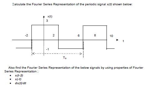 Calculate the Fourier Series Representation of the periodic signal x(t) shown below:
-2
• x(t-2)
• x(-t)
▲ x(t)
3
dx(t)/dt
-1
2
To
6
8
Also find the Fourier Series Representation of the below signals by using properties of Fourier
Series Representation;
10