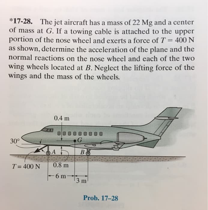 *17-28. The jet aircraft has a mass of 22 Mg and a center
of mass at G. If a towing cable is attached to the upper
portion of the nose wheel and exerts a force of T = 400 N
as shown, determine the acceleration of the plane and the
normal reactions on the nose wheel and each of the two
wing wheels located at B. Neglect the lifting force of the
wings and the mass of the wheels.
0.4 m
000
30°
T = 400 N
70
A
0.8 m
4 -6 m
G
B&
3 m
Prob. 17-28