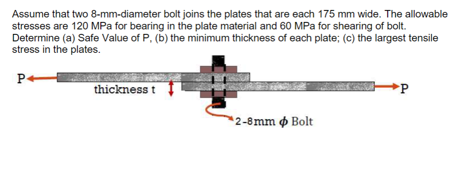 Assume that two 8-mm-diameter bolt joins the plates that are each 175 mm wide. The allowable
stresses are 120 MPa for bearing in the plate material and 60 MPa for shearing of bolt.
Determine (a) Safe Value of P, (b) the minimum thickness of each plate; (c) the largest tensile
stress in the plates.
P+
thickness t
2-8mm Bolt
P