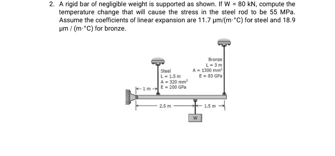 2. A rigid bar of negligible weight is supported as shown. If W = 80 kN, compute the
temperature change that will cause the stress in the steel rod to be 55 MPa.
Assume the coefficients of linear expansion are 11.7 µm/(m. °C) for steel and 18.9
um/ (m.°C) for bronze.
DIN
Steel
L = 1.5 m
A = 320 mm²
1m E= 200 GPa
2.5 m
Bronze
L = 3m
A = 1300 mm²
E = 83 GPa
W
1.5 m