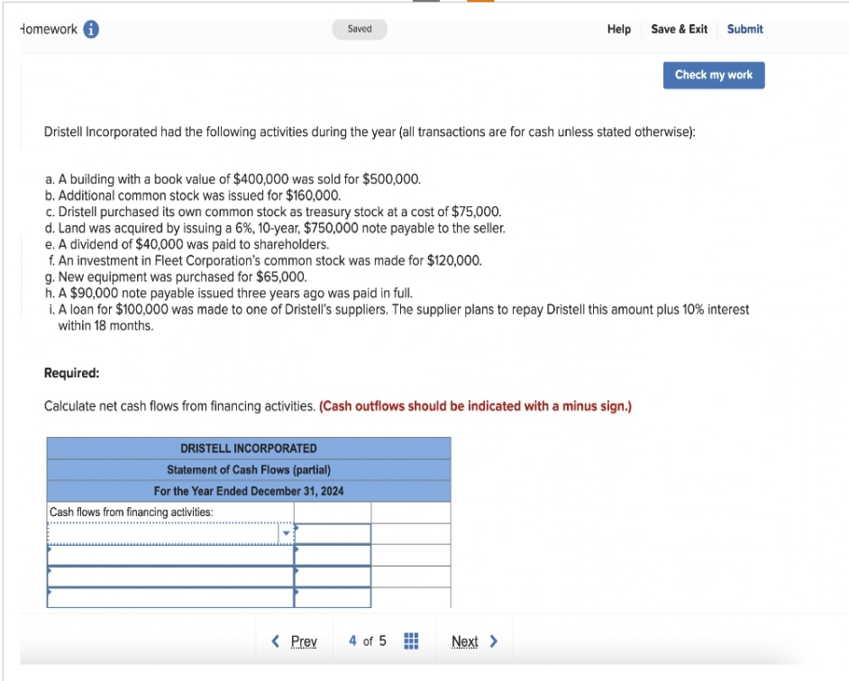 Homework i
a. A building with a book value of $400,000 was sold for $500,000.
b. Additional common stock was issued for $160,000.
c. Dristell purchased its own common stock as treasury stock at a cost of $75,000.
Saved
Dristell Incorporated had the following activities during the year (all transactions are for cash unless stated otherwise):
DRISTELL INCORPORATED
Statement of Cash Flows (partial)
For the Year Ended December 31, 2024
Required:
Calculate net cash flows from financing activities. (Cash outflows should be indicated with a minus sign.)
Cash flows from financing activities:
d. Land was acquired by issuing a 6%, 10-year, $750,000 note payable to the seller.
e. A dividend of $40,000 was paid to shareholders.
f. An investment in Fleet Corporation's common stock was made for $120,000.
g. New equipment was purchased for $65,000.
h. A $90,000 note payable issued three years ago was paid in full.
i. A loan for $100,000 was made to one of Dristell's suppliers. The supplier plans to repay Dristell this amount plus 10% interest
within 18 months.
< Prev
Help
4 of 5
Save & Exit Submit
Next >
Admitar
Check my work