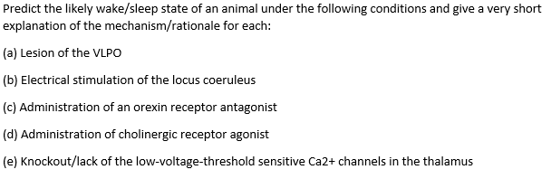 Predict the liKely wake/sleep state of an animal under the following conditions and give a very short
explanation of the mechanism/rationale for each:
(a) Lesion of the VLPO
(b) Electrical stimulation of the locus coeruleus
(c) Administration of an orexin receptor antagonist
(d) Administration of cholinergic receptor agonist
(e) Knockout/lack of the low-voltage-threshold sensitive Ca2+ channels in the thalamus
