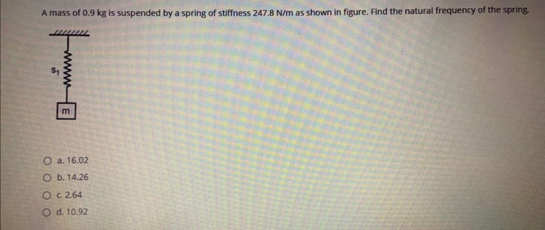 A mass of 0.9 kg is suspended by a spring of stiffness 247.8 N/m as shown in figure. Find the natural frequency of the spring.
O a. 16.02
O b. 14.26
O C. 2.64
O d. 10.92
wwwwE
