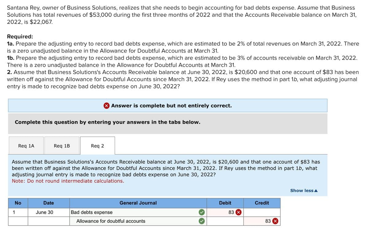 Santana Rey, owner of Business Solutions, realizes that she needs to begin accounting for bad debts expense. Assume that Business
Solutions has total revenues of $53,000 during the first three months of 2022 and that the Accounts Receivable balance on March 31,
2022, is $22,067.
Required:
1a. Prepare the adjusting entry to record bad debts expense, which are estimated to be 2% of total revenues on March 31, 2022. There
is a zero unadjusted balance in the Allowance for Doubtful Accounts at March 31.
1b. Prepare the adjusting entry to record bad debts expense, which are estimated to be 3% of accounts receivable on March 31, 2022.
There is a zero unadjusted balance in the Allowance for Doubtful Accounts at March 31.
2. Assume that Business Solutions's Accounts Receivable balance at June 30, 2022, is $20,600 and that one account of $83 has been
written off against the Allowance for Doubtful Accounts since March 31, 2022. If Rey uses the method in part 1b, what adjusting journal
entry is made to recognize bad debts expense June 30, 2022?
Complete this question by entering your answers in the tabs below.
Req 1A
No
1
Req 1B
Assume that Business Solutions's Accounts Receivable balance at June 30, 2022, is $20,600 and that one account of $83 has
been written off against the Allowance for Doubtful Accounts since March 31, 2022. If Rey uses the method in part 1b, what
adjusting journal entry is made to recognize bad debts expense on June 30, 2022?
Note: Do not round intermediate calculations.
X Answer is complete but not entirely correct.
Req 2
Date
June 30
General Journal
Bad debts expense
Allowance for doubtful accounts
Debit
83 x
Credit
83 x
Show less ▲