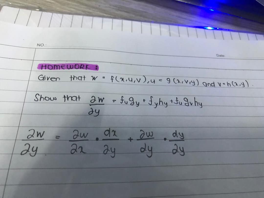 Date
HOMEWORK
Given thaqt w =
f(x.4,v),y=9 Carviy) and vehca.y)
Show that aw - fugy* fyhy +Ju gv hy
dy
dy
2w
24
2w
22
ay
dy dy
