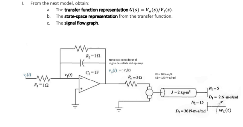 I. From the next model, obtain:
a. The transfer function representation G(s) = V.(s)/V,(s).
b. The state-space representation from the transfer function.
c. The signal flow graph.
R2-12
Nota: No considerar el
HE
signo de salida del op-amp
0 =の
C3=1F
R =50
Kt= 10 N-m/A
Kb= 1/3 V-s/rad
R-12
N=5
J-2 kg-m?
D= 2N-m-s/rad
N2 = 15
D2= 36 N-m-s/tad
wz(t)
