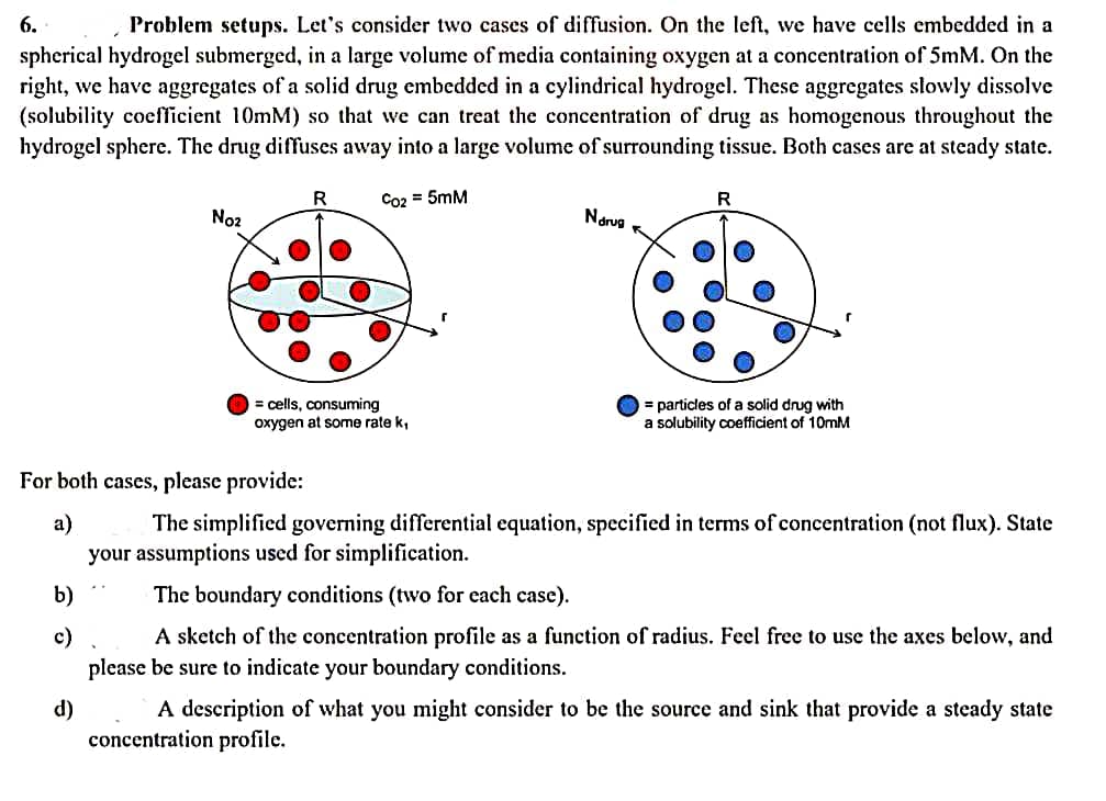 6.
Problem setups. Let's consider two cases of diffusion. On the left, we have cells embedded in a
spherical hydrogel submerged, in a large volume of media containing oxygen at a concentration of 5mM. On the
right, we have aggregates of a solid drug embedded in a cylindrical hydrogel. These aggregates slowly dissolve
(solubility coefficient 10mM) so that we can treat the concentration of drug as homogenous throughout the
hydrogel sphere. The drug diffuses away into a large volume of surrounding tissue. Both cases are at steady state.
Co2 = 5mM
b)
c)
Noz
d)
R
= cells, consuming
oxygen at some rate k,
Narus
R
For both cases, please provide:
a)
The simplified governing differential equation, specified in terms of concentration (not flux). State
your assumptions used for simplification.
The boundary conditions (two for each case).
A sketch of the concentration profile as a function of radius. Feel free to use the axes below, and
please be sure to indicate your boundary conditions.
= particles of a solid drug with
a solubility coefficient of 10mM
A description of what you might consider to be the source and sink that provide a steady state
concentration profile.