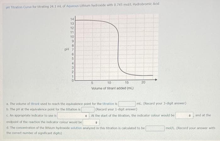 pH Titration Curve for titrating 24.1 mL of Aqueous Lithium hydroxide with 0.745 mol/L Hydrobromic Acid
14
13
12
11
10
9
8
pH 7
6
5
4
2
0
5
10
15
Volume of titrant added (ml)
a. The volume of titrant used to reach the equivalence point for the titration is
b. The pH at the equivalence point for the tittation is
c. An appropriate indicator to use is
20
mL. (Record your 3-digit answer)
(Record your 1-digit answer).
At the start of the titration, the indicator colour would be
endpoint of the reaction the indicator colour would be
0
d. The concentration of the lithium hydroxide solution analyzed in this titration is calculated to be
the correct number of significant digits)
● and at the
mol/L. (Record your answer with