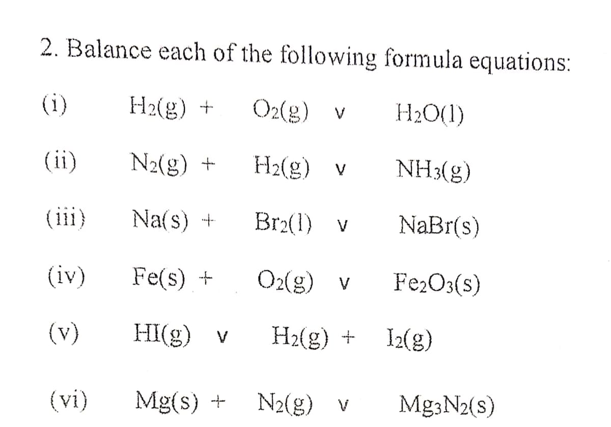 2. Balance each of the following formula equations:
(i)
H2(g) +
O2(g) v
H20(1)
(ii)
N2(g) +
H2(g) v
NH3(g)
(iii)
Na(s) +
Br2(1) v
NaBr(s)
(iv)
Fe(s) +
O2(g) v
Fe2O3(s)
(v)
HI(g) v
H2(g) +
I2(g)
(vi)
Mg(s) +
N2(g) v
Mg3N2(s)
