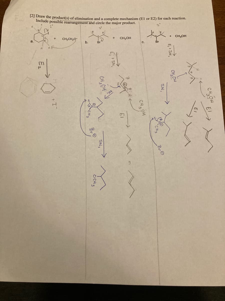 12I Draw the product(s) of elimination and a complete mechanism (El or E2) for each reaction.
Include possible rearrangement and circle the major product.
CH3OH
CH,CH,0-
CH,OH
a.
b.
C.
E, I S,
CH,DH
SN,
CHS
BrO
CH OH
SN,
Bro
HCH,
OCH2
