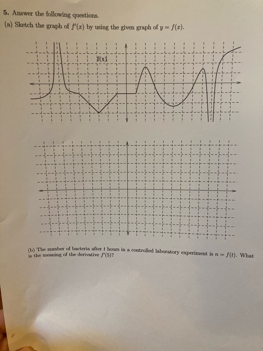 5. Answer the following questions.
(a) Sketch the graph of f'(x) by using the given graph of y = f(x).
3.
3.
L.
-L
3.
f(xX
「ーューfr
J.
J.
3.
3.
-ューイ
--
J--L
) The number of bacteria after t hours in a controlled laboratory experiment is n = f(t). What
is the meaning of the derivative f'(5)?
