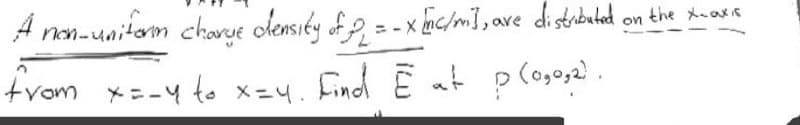 A non-uniform charge density of P = -x [inc/m], are distributed on the x-axis
Find Ẽ at p (0₂0₂2)
from x=-4 to x=4. Find È at
E