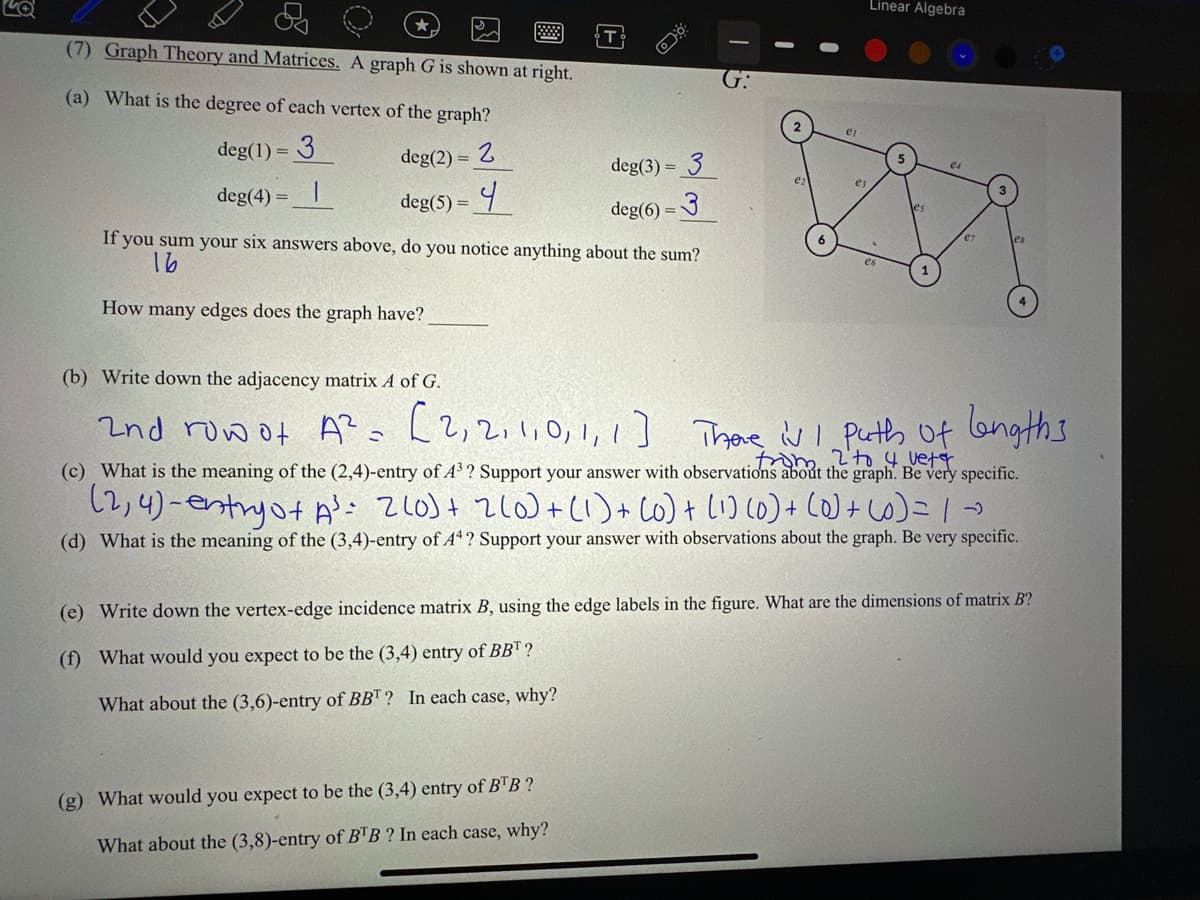 T
(7) Graph Theory and Matrices. A graph G is shown at right.
(a) What is the degree of each vertex of the graph?
deg(1) = 3
deg(2) = 2
deg(4)
deg(5) = 4
If you sum your six answers above, do you notice anything about the sum?
16
How many edges does the graph have?
deg(3) = 3
deg(6) = 3
(g) What would you expect to be the (3,4) entry of BTB?
What about the (3,8)-entry of BTB ? In each case, why?
Linear Algebra
€4
(b) Write down the adjacency matrix A of G.
2nd row of A² = [2,2,1,0,1,1] There is I Puth of lengths
from 2 to 4 veter
(c) What is the meaning of the (2,4)-entry of 4³ ? Support your answer with observations about the graph. Be very specific.
(2,4)-entry of A³= 2(0) + 2(0)+ (1) + (0) + (1) (0) + (0) + (0) = / →
(d) What is the meaning of the (3,4)-entry of A4? Support your answer with observations about the graph. Be very specific.
(e) Write down the vertex-edge incidence matrix B, using the edge labels in the figure. What are the dimensions of matrix B?
(f) What would you expect to be the (3,4) entry of BBT?
What about the (3,6)-entry of BBT? In each case, why?