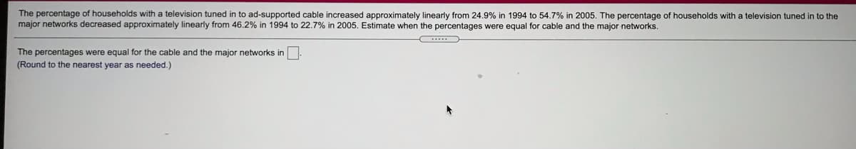 The percentage of households with a television tuned in to ad-supported cable increased approximately linearly from 24.9% in 1994 to 54.7% in 2005. The percentage of households with a television tuned in to the
major networks decreased approximately linearly from 46.2% in 1994 to 22.7% in 2005. Estimate when the percentages were equal for cable and the major networks.
The percentages were equal for the cable and the major networks in
(Round to the nearest year as needed.)
