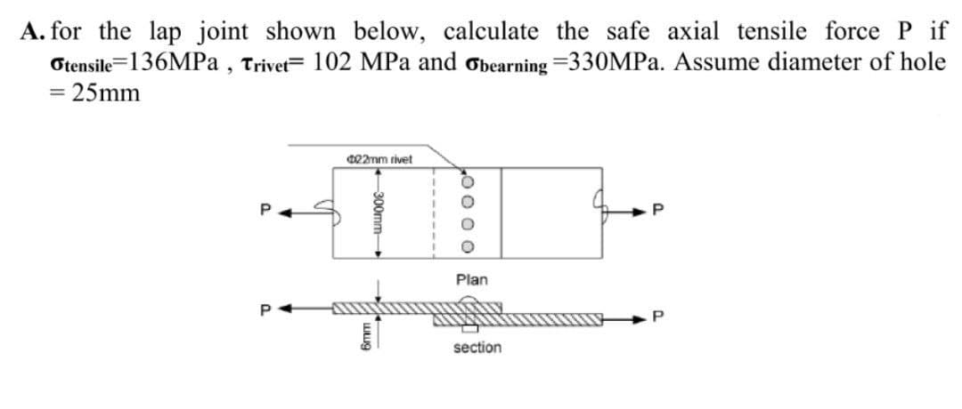 A. for the lap joint shown below, calculate the safe axial tensile force P if
Otensile=136MPa , Trivet= 102 MPa and Obearning =330MPA. Assume diameter of hole
= 25mm
022mm rivet
Plan
section
DOOO
-300mm-
