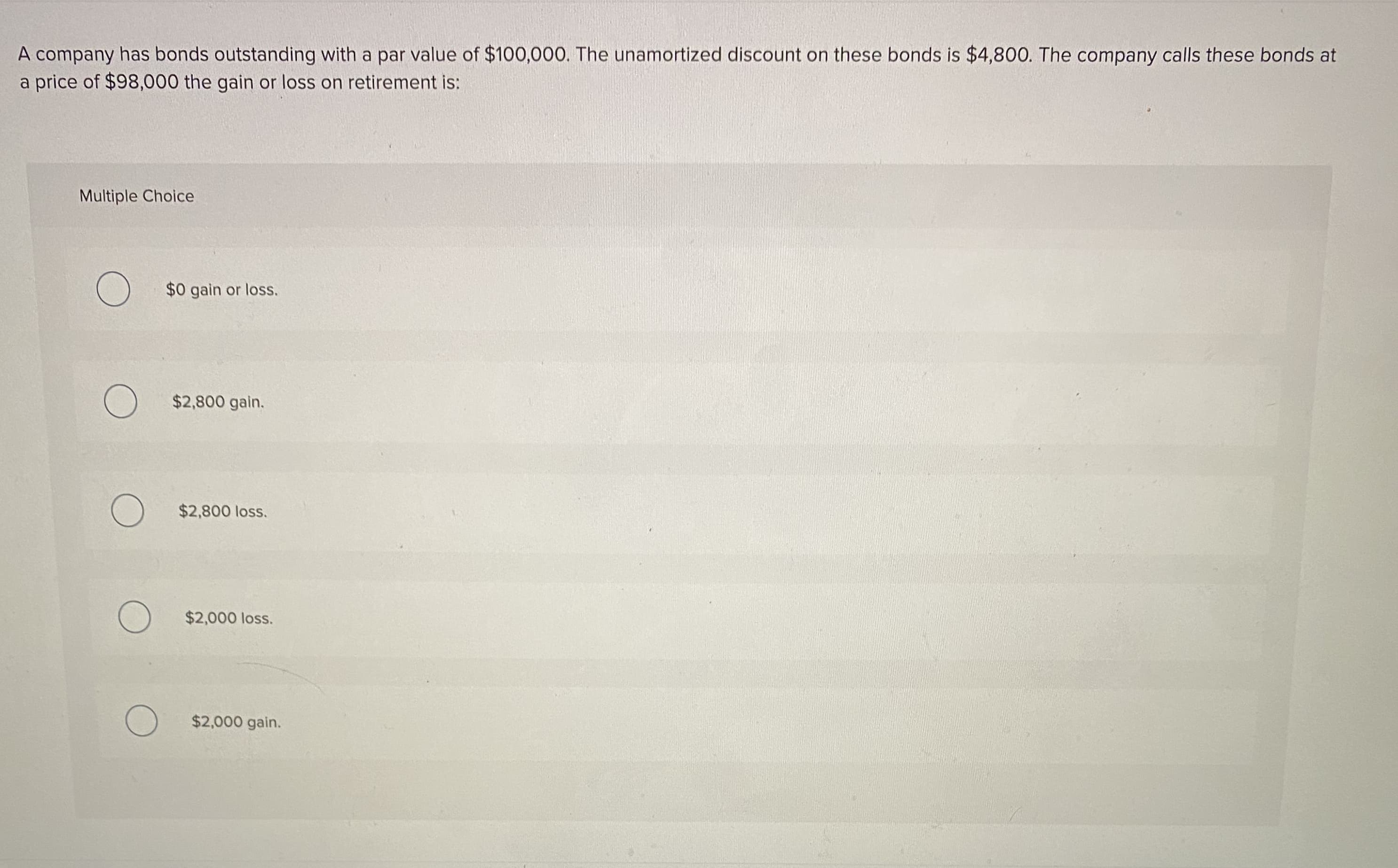 A company has bonds outstanding with a par value of $100,000. The unamortized discount on these bonds is $4,800. The company calls these bonds a
a price of $98,000 the gain or loss on retirement is:
Multiple Choice
$0 gain or loss.
$2,800 gain.
$2,800 loss.
